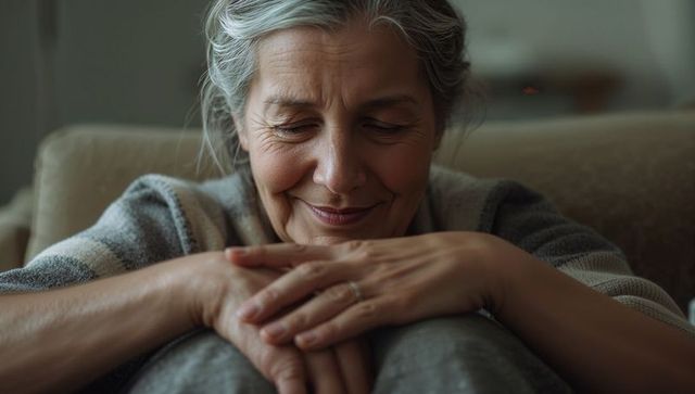 Senior woman sitting calmly resting hands on knees on cozy sofa wearing striped sweater