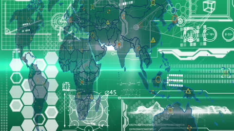 Digital World Map Interface on Green Background