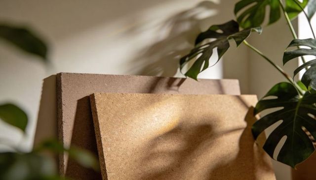 Sunlit cork panels leaning with monstera leaf shadows creating natural texture and warm interior ton