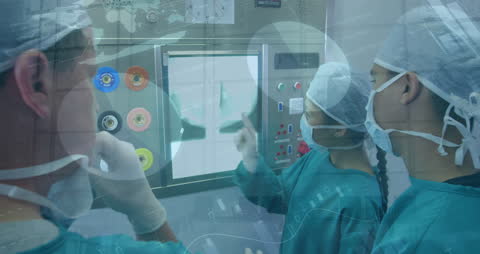 Surgeons Analyzing X-Ray in Operating Room with Digital Overlay