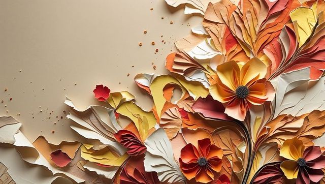 Vibrant layered paper flowers on beige background