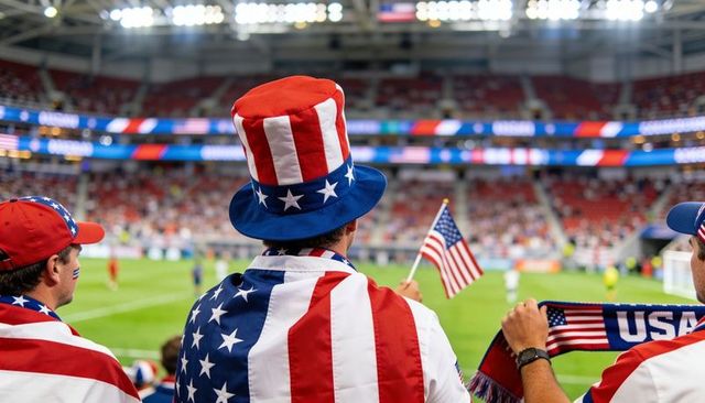 Patriotic fan cheering in tall red white blue top hat and flag cape at stadium