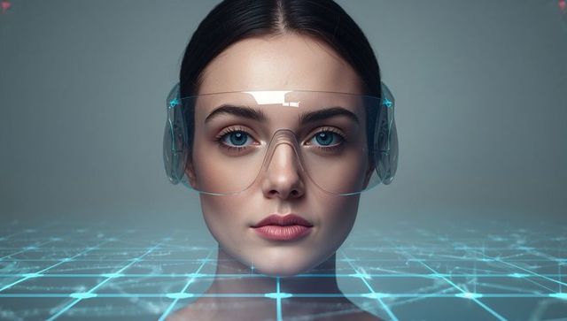 Futuristic woman wearing transparent ar visor over cyan holographic grid tech portrait