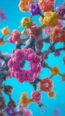 Orbiting 3D Molecular Network Revealing Colorful Donut Nanostructures in Futuristic Blue Space