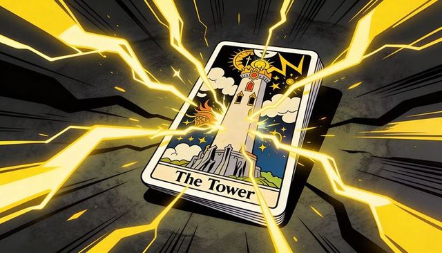 Tower tarot card erupting with yellow lightning over cracked dark surface, mystical energy