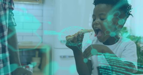 African American Boy Enjoying Pizza with Digital Overlay of AI