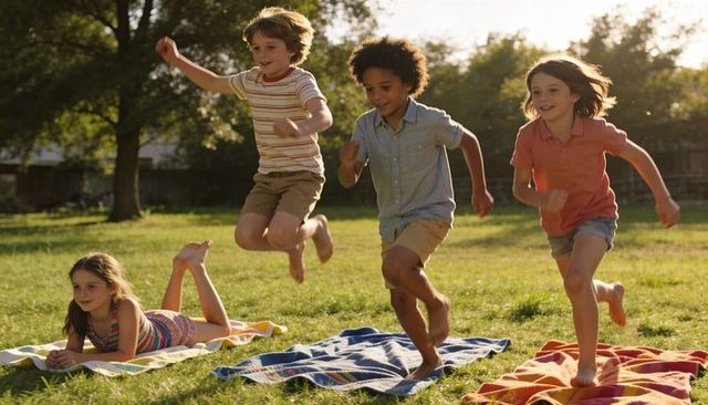 Children jumping and running across sunlit suburban backyard lawn on colorful towels