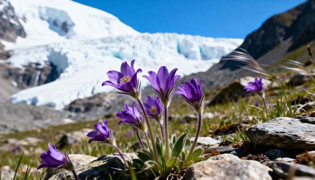 Purple alpine pasque flowers blooming on rocky foreground with glacier backdrop