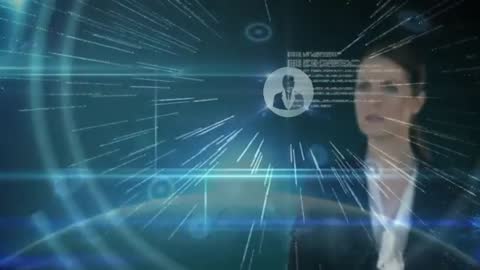 Businesswoman Using Holographic Interface for Data Analysis