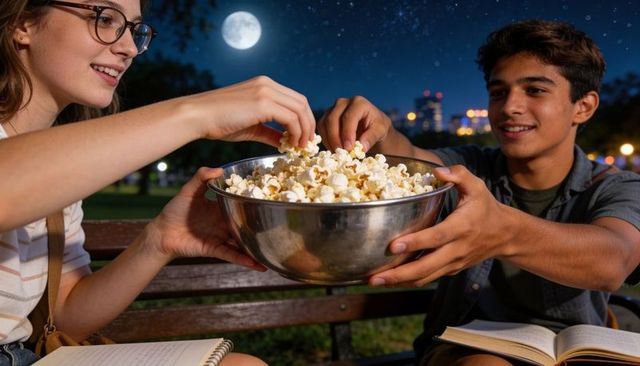 Teen couple sharing popcorn on park bench under moonlit sky with books and city lights