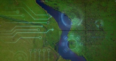 Aerial mapping winding river with circuit traces and hud overlays for geospatial tech