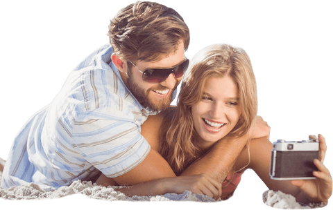 Smiling Couple Taking a Beach Selfie on Transparent Background