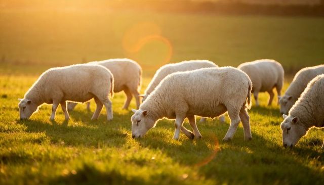 Flock of white wool sheep grazing at sunset on green pasture with warm backlight and lens flare