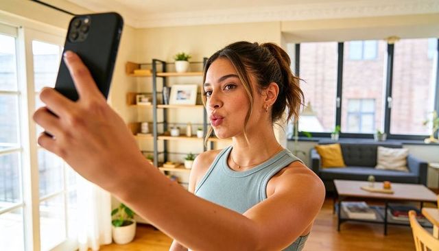 Young woman taking selfie and pouting in sunlit modern apartment living room