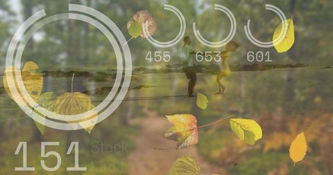 Couple Walking By Shoreline with Data Overlay and Autumn Leaves