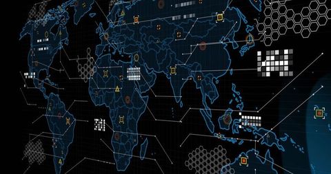 Futuristic digital world map displaying neon geospatial analytics interface with grid