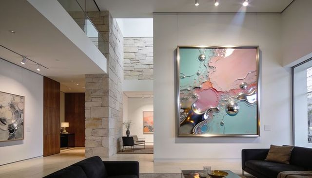 Displaying large framed abstract with metallic orbs and gold frame in modern living room