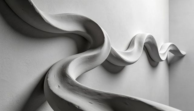 Undulating sculptural ribbon flowing along corner casting dramatic shadows and texture
