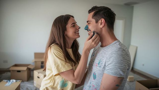 Playful couple smiling with paint in moving day fun
