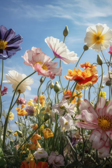 Vibrant wildflowers blooming under clear blue sky is perfect for springtime design elements, nature-themed projects, and promoting natural beauty. Ideal for posters, greeting cards, backgrounds, and presentations celebrating the blooming season.