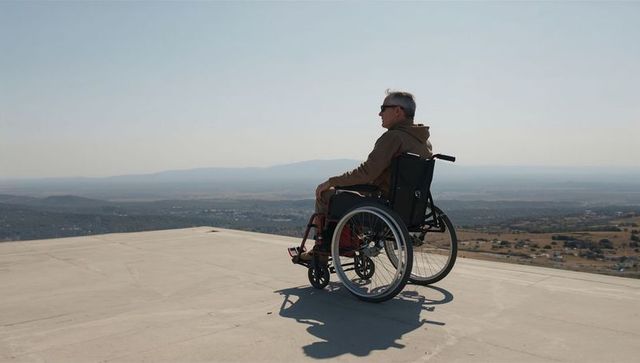 Senior man sitting in wheelchair on rooftop, gazing over valley panorama, solitude freedom