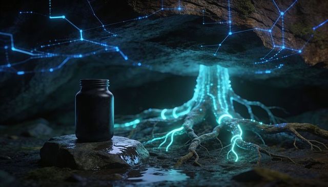 Glowing bioluminescent roots emitting cyan light across cavern floor with jar on stone