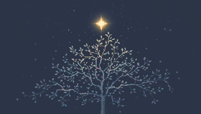 Pixel-art tree reaching toward glowing golden star over navy night sky, minimalist dream