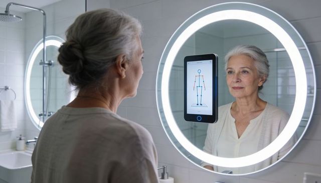 Senior woman interacting with smart led mirror for home health monitoring and wellness