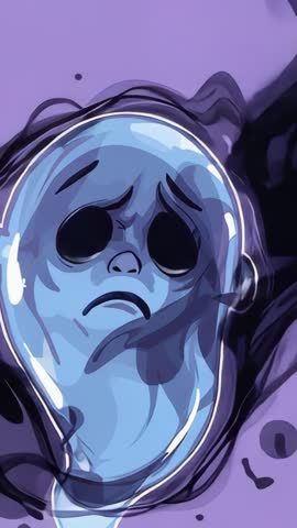 Vertical video of teardrop morphing from sorrow to wonder on purple fluid backdrop