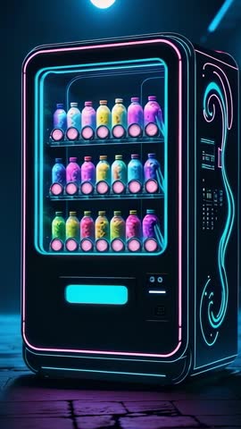 Vertical Neon Vending Machine Revealing Pastel Bottles with Futuristic Cyberpunk Glow