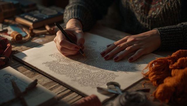 Hands sketching intricate paisley pattern on rustic wooden table