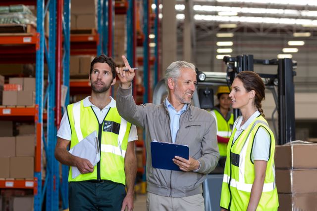 Warehouse manager discussing logistics and inventory with workers wearing safety vests. Ideal for use in articles about warehouse management, logistics, teamwork, and industrial operations. Can be used in training materials, business presentations, and supply chain management content.