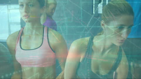 Digital Network Overlay on Women Exercising at Gym