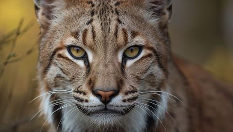 Gazing amber-eyed lynx closeup at forest edge during autumn