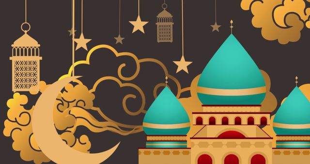 Colorful Mosque with Crescent Moon and Stars on Brown Background - Download Free Stock Images Pikwizard.com