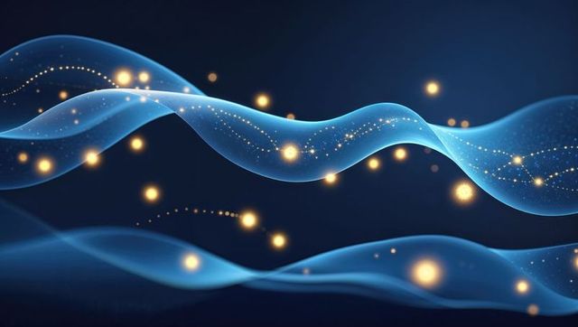 Abstract digital blue waves with golden luminescent orbs