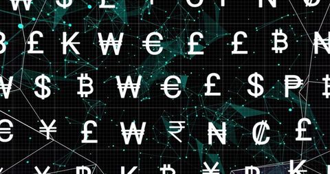 Displaying cryptocurrency and global currency symbols over teal blockchain network grid