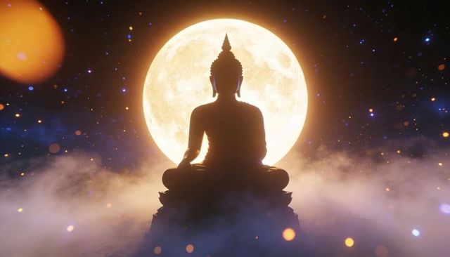 Silhouette meditating buddha against full moon backlight with misty fog and lantern bokeh