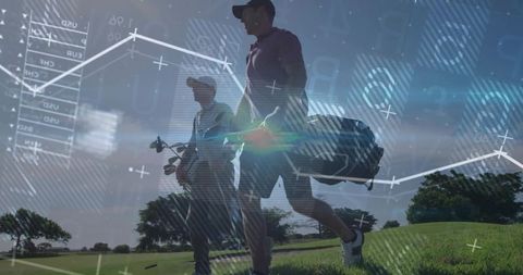 Golfers on Course Overlaying Financial Chart and Data Elements