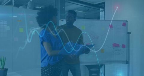 Professionals collaborating at whiteboard with growth charts and data waveform overlay