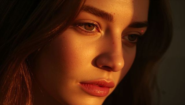 Warm golden lowlight portrait of young woman with freckles and glossy lips, closeup moody
