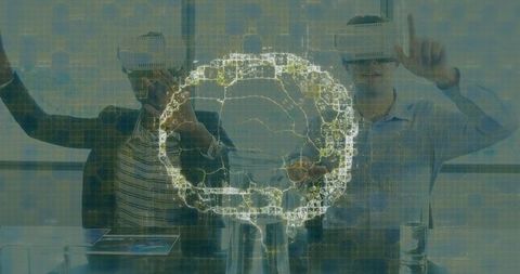 Business Professionals Explore Virtual Reality and AI in Modern Workspace