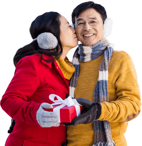 Transparent Affectionate Couple Enjoying Winter Holiday with Gift