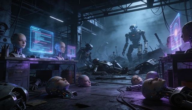 Bipedal war machine looming over derelict android workshop with neon holographic screens