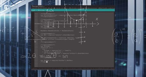Data center security code with math formulas overlay