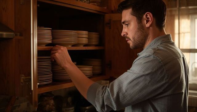 Man reaching for ceramic plate from warm wooden kitchen cabinet, cozy home moment