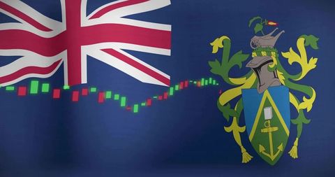 Saint Helena Flag with Coat of Arms and Candlestick Chart Overlay for Finance