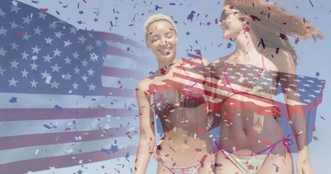 Joyful Friends on Beach with American Flag and Confetti Overlay