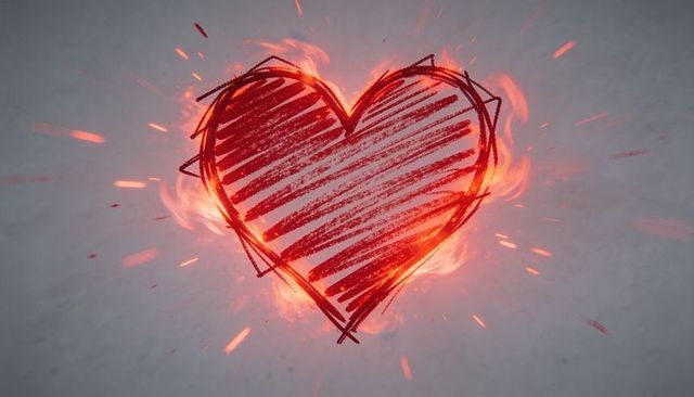 Hand-drawn flaming heart glowing with ember sparks on textured paper background