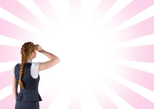 This image shows a woman with a braid in business attire standing with a thoughtful pose against a bright radial background. Ideal for use in materials focusing on career aspirations, vision for the future, creative thinking, and motivational themes.